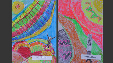 Mehrere Bilder des Projektes der Klasse 2 b der Grundschule im Eitratal, Eiterfeld: Die Kinder haben Fotos von sich ausgeschnitten und in bunte Fantasiewelten geklebt. 