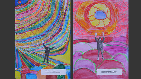 Sonderpreis für die Klasse 2 b der Grundschule im Eitratal, Eiterfeld Mehrere Bilder des Projektes der Klasse 2 b der Grundschule im Eitratal, Eiterfeld: Die Kinder haben Fotos von sich ausgeschnitten und in bunte Fantasiewelten geklebt.