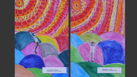 Mehrere Bilder des Projektes der Klasse 2 b der Grundschule im Eitratal, Eiterfeld: Die Kinder haben Fotos von sich ausgeschnitten und in bunte Fantasiewelten geklebt. 