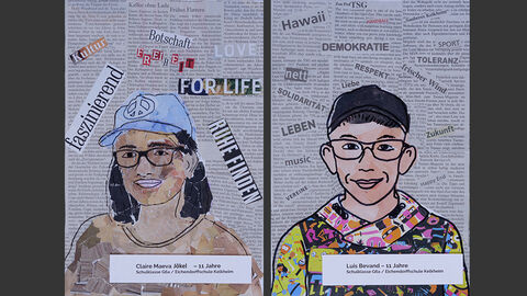 Zwei Porträts von Schülerinnen und Schülern, im Hintergrund Schlagwörter, die sie mit Freiheit in Verbindung bringen.