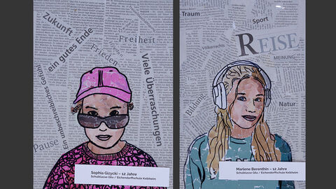 Zwei Porträts von Schülerinnen und Schülern, im Hintergrund Schlagwörter, die sie mit Freiheit in Verbindung bringen.