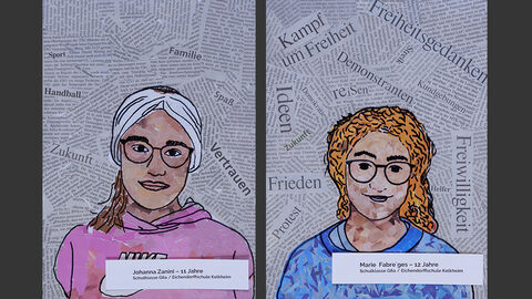 Zwei Porträts von Schülerinnen und Schülern, im Hintergrund Schlagwörter, die sie mit Freiheit in Verbindung bringen.