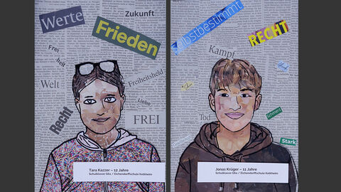 Sonderpreis für die Klasse G6a der Eichendorffschule, Kelkheim Zwei Porträts von Schülerinnen und Schülern, im Hintergrund Schlagwörter, die sie mit Freiheit in Verbindung bringen.