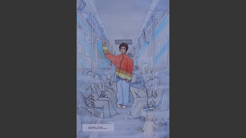 Blick in eine Bahn: Die meisten Fahrgäste sind angekettet und grau, in der Mitte steht ein bunt angezogener Mann und schaut den Betrachter direkt an.