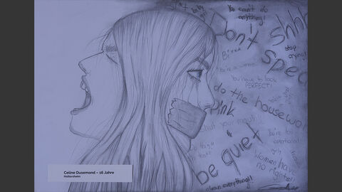 Zwei Frauenköpfe, einer schreit, einer ist geknebelt. Neben diesem Kopf steht auf Englisch "Sei ruhig", "Frauen haben keine Rechte" und Ähnliches.