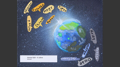 Die Welt im Weltall mit Licht- und Schattenseite. Auf der Lichtseite sind Wörter wie "Natur", "Freunde", "Spielen", auf der Schattenseite ""Diebe", "Waffen", "Krieg".