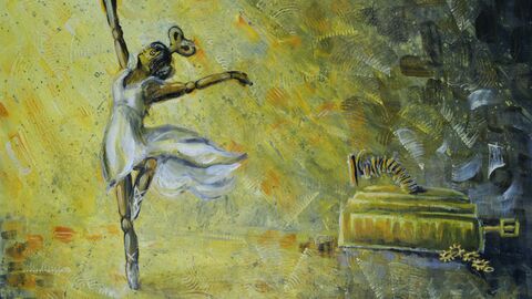 Eine Ballerina tanzt davon, im Hintergrund steht eine kaputte Spieldose.