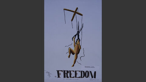 Eine Marionette zerschneidet ihre Schnüre. Darunter steht "Freedom. You have to stand up even if you fall" ("Freiheit. Du musst aufstehen, selbst wenn du fällst").