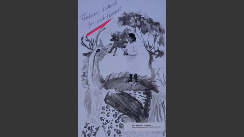 Collage: Die Künstlerin hat ein Foto von sich auf ein gemaltes Fantasietier gemalt, daneben steht die Sprechblase: "Fantasie bedeutet für mich Freiheit".