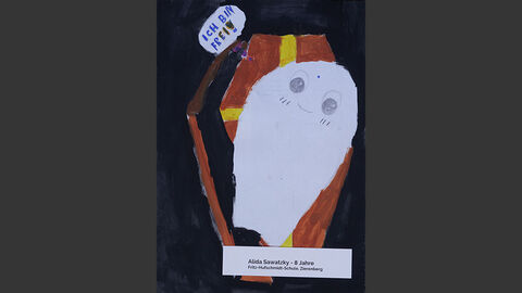 Ein kleiner Geist entkommt seinem Sarg, daneben die Sprechblase "Ich bin frei".