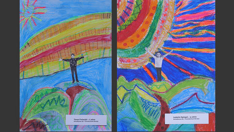 Mehrere Bilder des Projektes der Klasse 2 b der Grundschule im Eitratal, Eiterfeld: Die Kinder haben Fotos von sich ausgeschnitten und in bunte Fantasiewelten geklebt. 