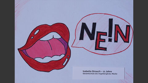 Ein knallroter Mund mit einer Sprechblase, in der "NEIN" steht.