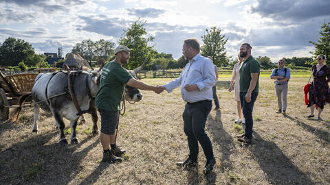 Impressionen vom Sommerreise-Besuch im Kloster Lorsch und Freilichtlabor Lauresham. Minister Gremmels vor dem Auerochsenwagen
