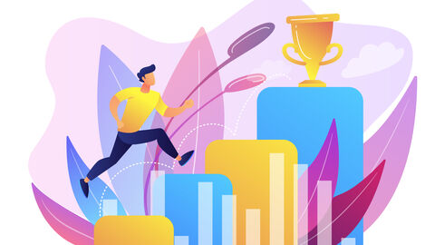 Eine Figur sprintet eine Treppe hinauf zum Pokal.