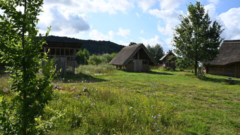Impressionen vom Sommerreise-Besuch auf der Zeiteninsel Marburg Blick auf die nachgebauten historischen Hütten der Zeiteninsel