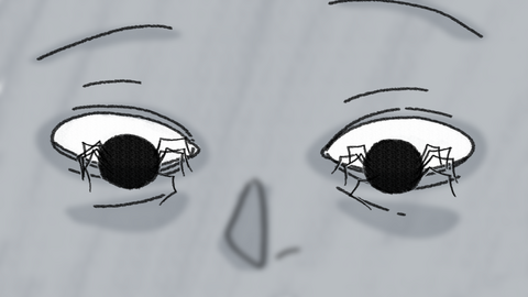 Szene aus "Starren": Ein gezeichnetes Gesicht in Nahaufnahme; die Pupillen sind Spinnen