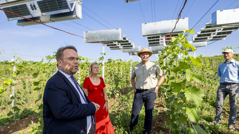 Im Herbst 2023 ist die Anlage in Betrieb genommen worden und hat in diesem Jahr erstmals die Daten eines kompletten Entwicklungszyklus geliefert. Minister Gremmels in den Weinbergen.
