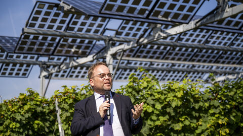 Darüber hinaus ist die „VitiVoltaic“-Anlage auch ein essenzieller Ausgangspunkt für Weiterentwicklungen und die Nutzbarmachung für die Praxis. Minister Gremmels in den Weinbergen