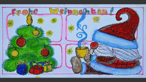 Ein Weihnachtsgnom im Comicstil sitzt unterm Weihnachtsbaum.