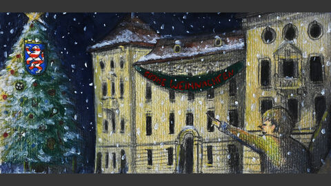 Dieses Bild ist eines von vier Motiven, das wir für unsere Weihnachtskarte ausgesucht haben. Das HMWK bei Nacht, draußen steht ein Weihnachtsbaum; ein Kind zeigt darauf.