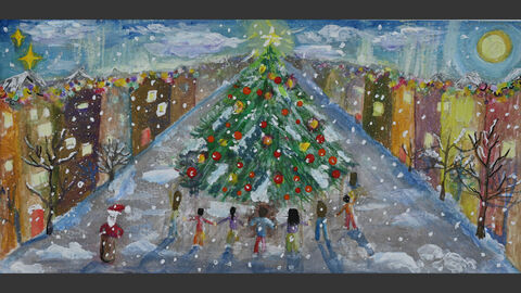 Eine Ladenstraße mit Weihnachtsbaum.