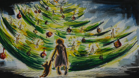 Ein Kind steht vor einem großen Weihnachtsbaum