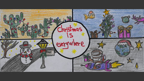 Eine viergeteilte Karte mit verschiedenen Motiven, wie Weihnachten in der ganzen Welt gefeiert wird