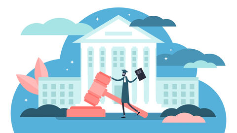 Eine Figur mit Doktorhut und Abschlussarbeit tanzt vor einem Gerichtsgebäude