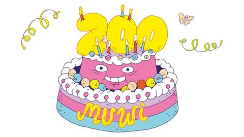 Gezeichnete Geburtstagstorte mit der Zahl 200 oben drauf.