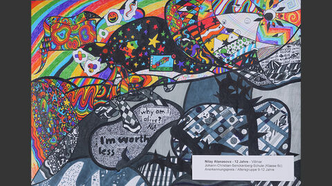 Ein Wimmelbild mit dunklen und bunten Stellen