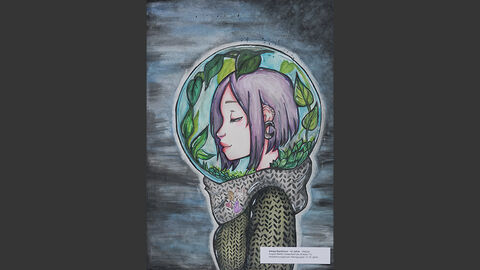 Eine Animefigur mit einem Helm, in dem Pflanzen wachsen