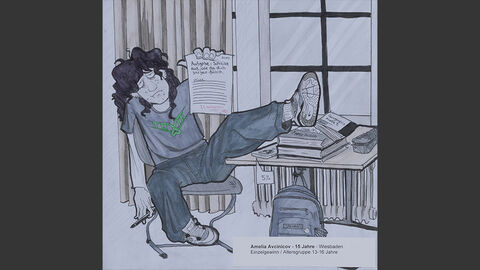 Eine Figur sitzt erschöpft am Schreibtisch und streckt dem Betrachter ein Papier entgegen, auf dem sie schreiben soll, wie sie sich fühlt