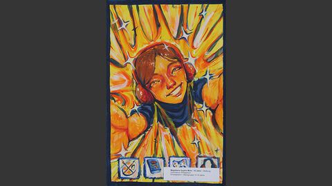 Eine Figur mit Kopfhörern, die ein Selfie von oben macht