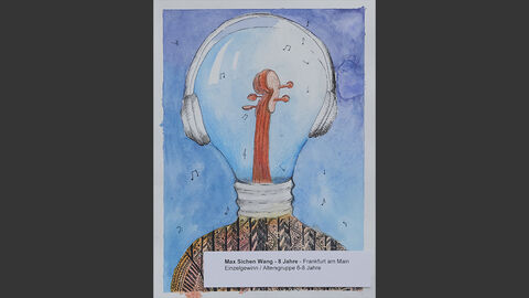 Eine Person mit Glühbirne als Kopf, darin ein Geigenhals