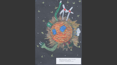 Milena Roschinsky (7 Jahre), Heiligenbergschule Gensungen, Kategorie Einzelpreise 6 bis 8 Jahre Ein Planet im Weltall mit verschiedenen erneuerbaren Energieträgern darauf