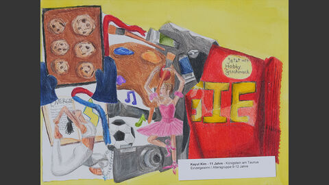 Ein Snack, aus dem verschiedene Dinge quellen, die Energie geben - ein Fußball, eine Tänzerin, Yoga