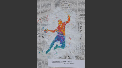 Luise Misch (12 Jahre), Mittenaar, Kategorie Einzelpreise 9 bis 12 Jahre Auf einer Collage aus Zeitungsartikeln ist ein Basketballspieler abgebildet