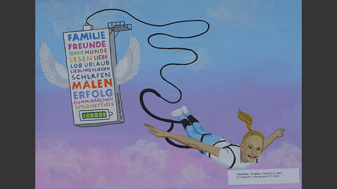 Ein Mädchen beim Bungee Jumping, sie ist verbunden mit einem Walkman