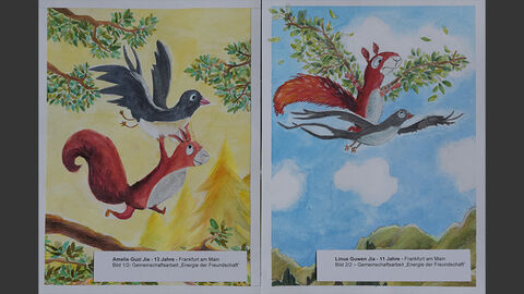 Zwei Bilder: Links trägt ein Eichhörnchen eine Elster, rechts sitzt das Eichhörnchen auf der fliegenden Elster