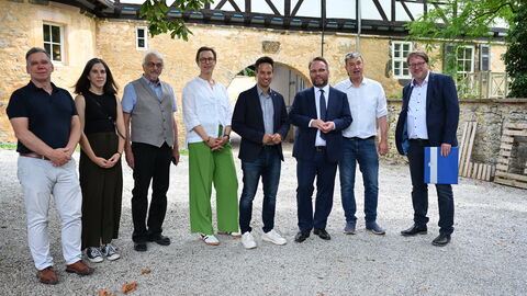 Dr. Alexander Wolff von Gudenberg wurde 2024 für die umfassende Sanierung des Junkernhofs Meimbressen in Calden mit dem zweiten Preis des Hessischen Denkmalschutzpreises geehrt. Minister Gremmels mit Menschen vor dem Junkernhof