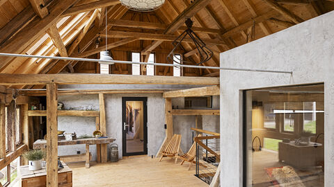 Die Spa-Scheune in Jossgrund-Burgjoß wurde 2025 mit dem Hessischen Denkmalschutzpreis ausgezeichnet Blick in die Spa-Scheune mit Sauna und Ruheraum