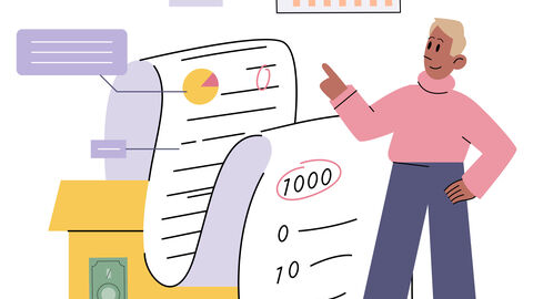 Eine Cartoonfigur mit Abrechnungen