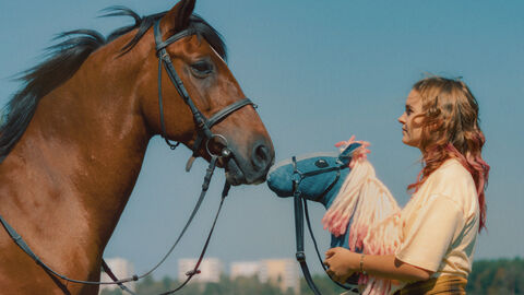 Szene aus "Pferd am Stiel": Ein Mädchen mit einem Hobby Horse - einem Steckenpferd - steht einem richtigen Pferd gegenüber.
