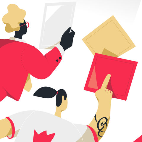 Zeichnung: Bunte Figuren tippen auf Tablets