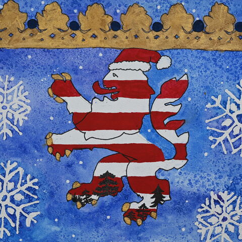 Dieses Bild von Lotte Wenzek ist eines der vier Motive unserer Weihnachtskarten. Der Hessenlöwe mit Mütze