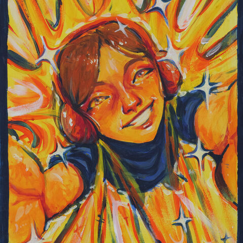 Ein Comicmädchen fliegt auf den Betrachter zu. 