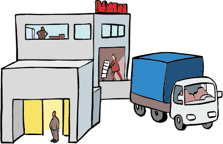 Fabrik Hier werden Sachen hergestellt und weggefahren.